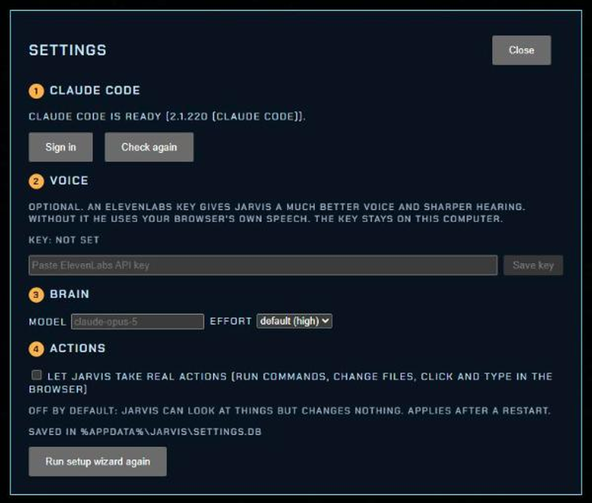The JARVIS Settings page with its four sections numbered: Claude Code, Voice, Brain and Actions.