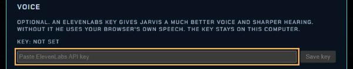 JARVIS Settings, Voice section, with the ElevenLabs key box highlighted.