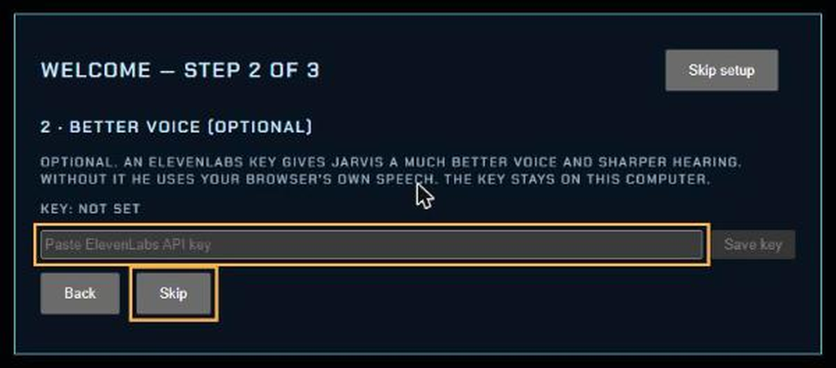 The JARVIS welcome window, step 2, with the voice key box and a Skip button.